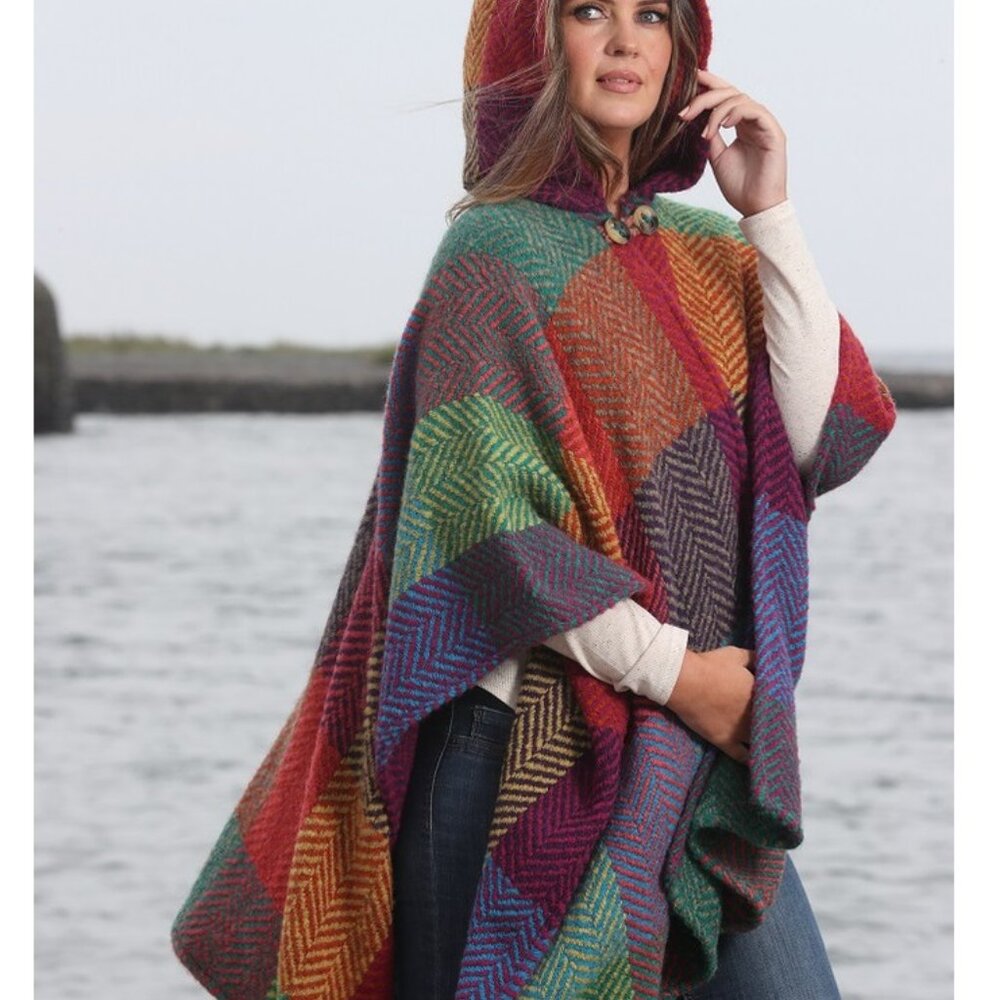 Wool Handwoven Colorful Cape Sweater Poncho Cloak John Branigan Boho Herringbone - Picture 5 of 11